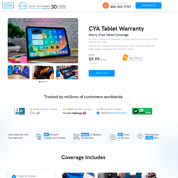 CYA Insure tablet warranty page screenshot.