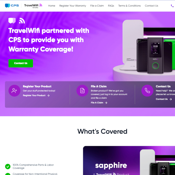 TravelWifi warranty page screenshot.