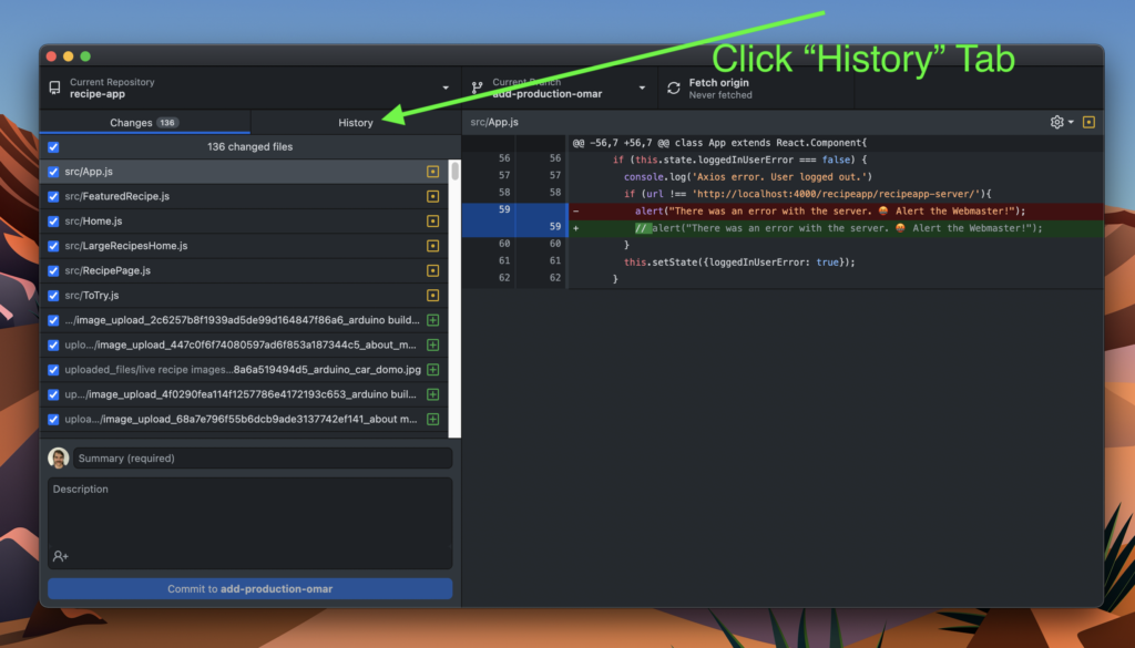 GitHub desktop "History" tab. 