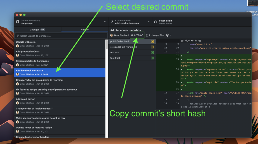 GitHub desktop commit short hash.