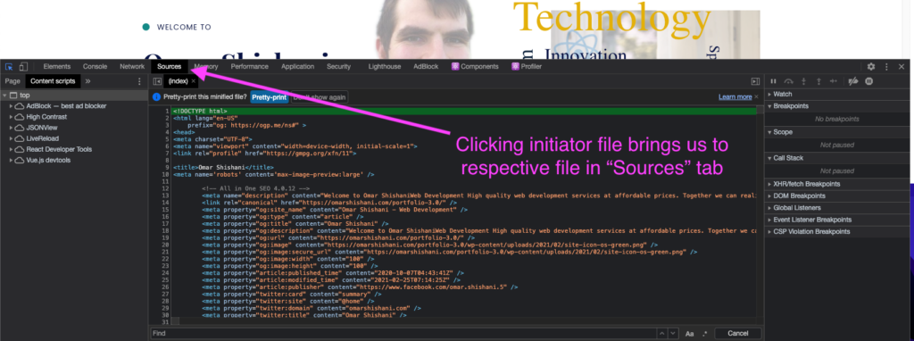 "Initiator" tab bringing us to "Sources" tab in Chrome Dev Tools.