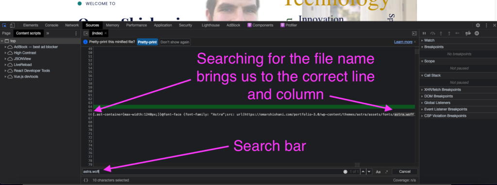 Searching "Sources" tab in Chrome Dev Tools.