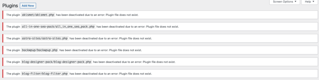 WordPress dashboard "Plugins" page with plugins error messages: "The plugin [plugin-name] has been deactivated due to an error: Plugin file does not exist"