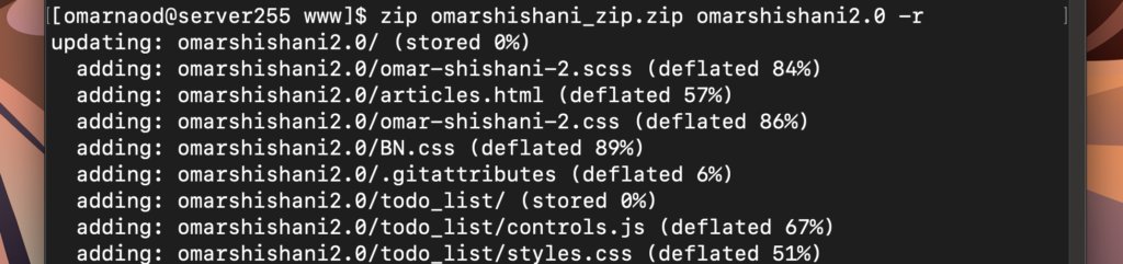 zip command in terminal window.