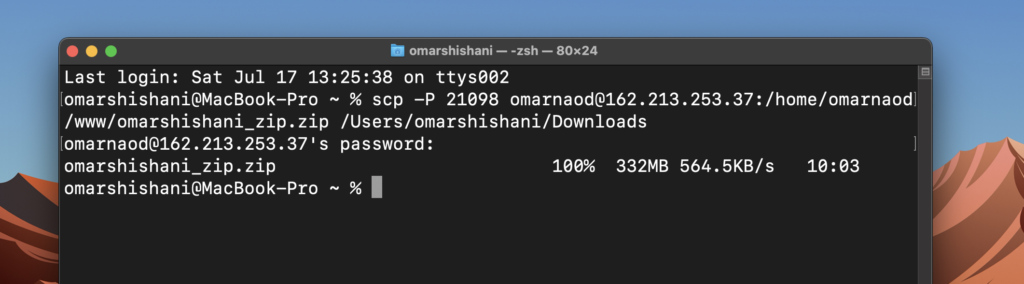scp downloading file in terminal window.