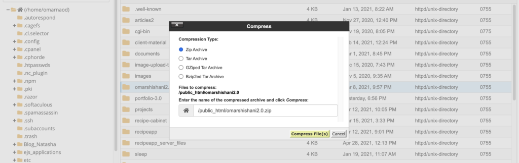 cPanel file manager compress option