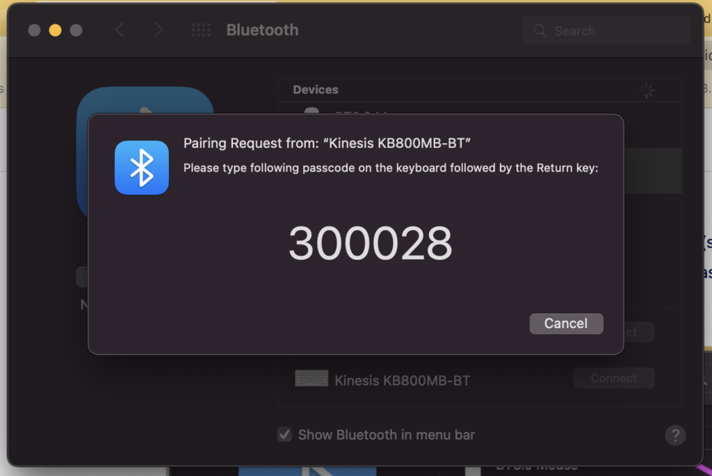 Mac bluetooth menu - Kinesis code input