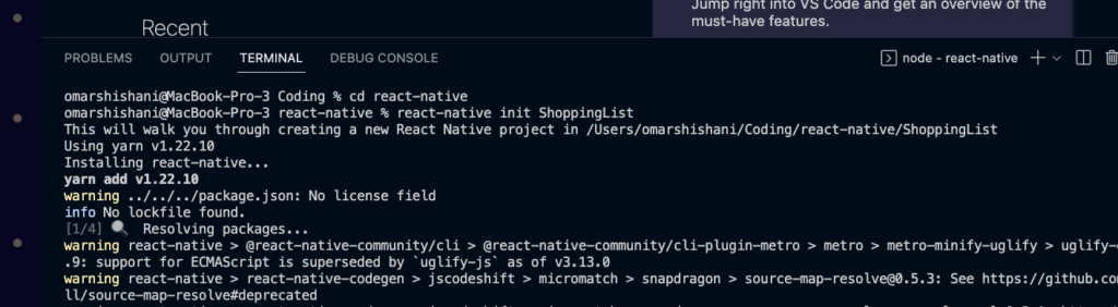 VSCode terminal react-native init