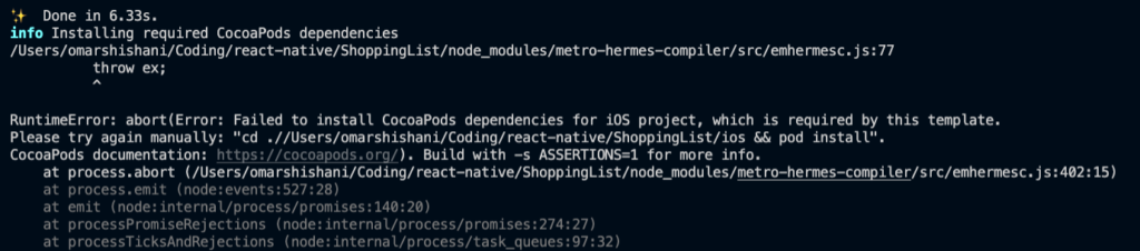 Failed to install CocoaPods dependencies error message