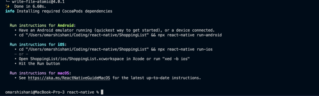 react native success initializing project in Mac terminal