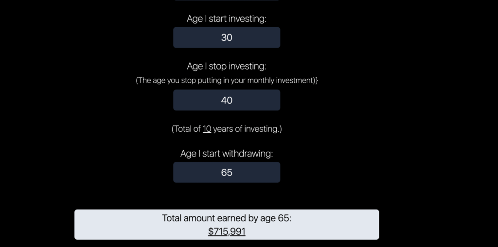Screenshot of investment calculator result