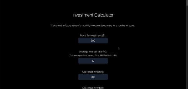 Gif of React application investment calculator