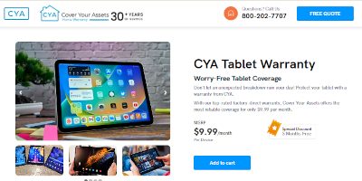 CYA Tablet warranty page screenshot