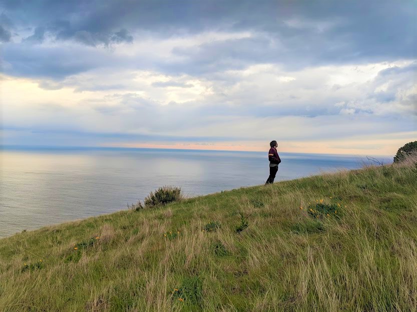 Picture of man on hill in Big Sur, with clouds and ocean in background.