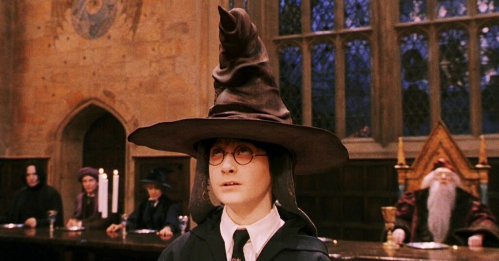 Harry Potter wearing sorting hat, with Dumbledore, Snape, and McGonnagal in the background