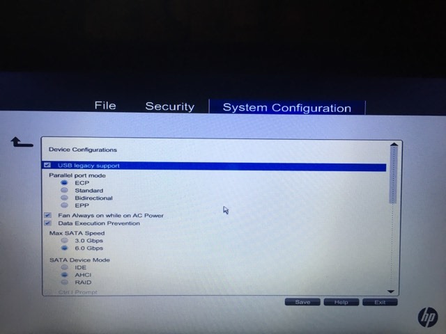 Windows BIOS "device configurations" menu.