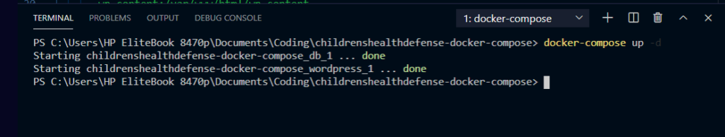WordPress docker-compose up terminal vscode.