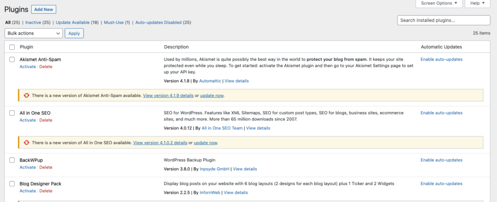 WordPress "Plugins" page with deactivated plugins.