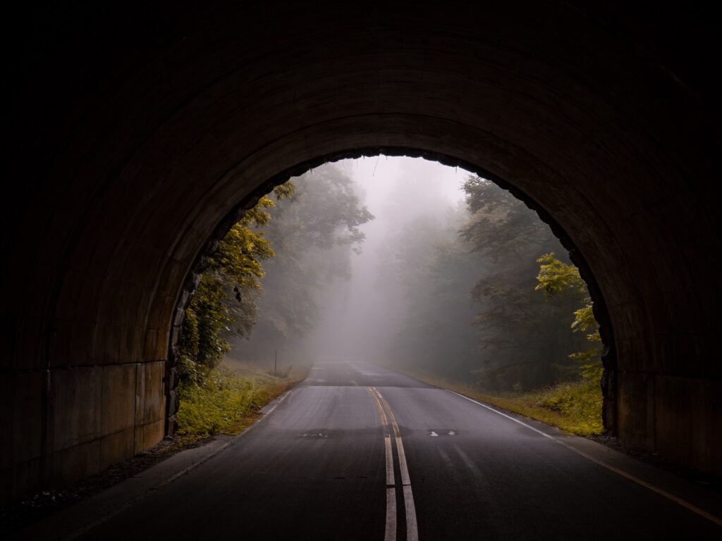Tunnel on road with forest on other side.