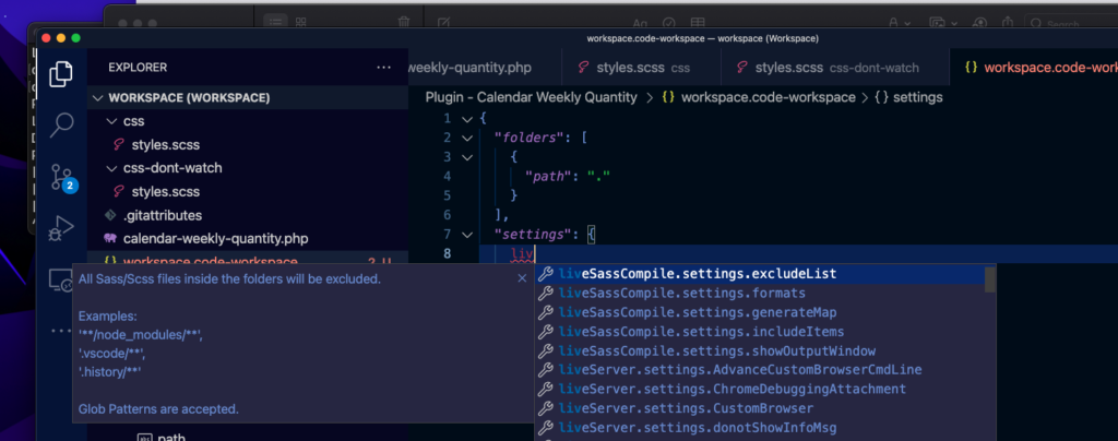 Screenshot live sass compile intellisense