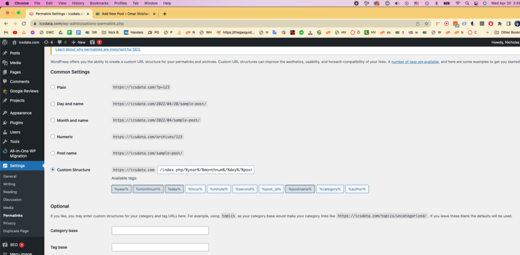 WordPress permalinks settings