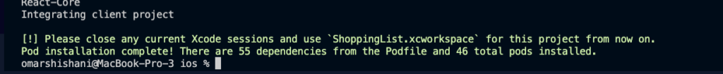 Cocoapods installation successful message in terminal