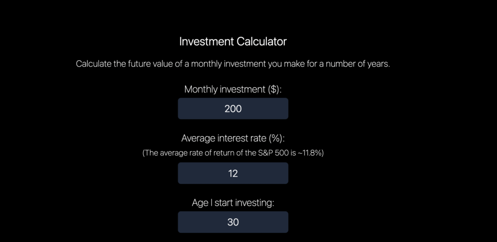 Screenshot of investment calculator